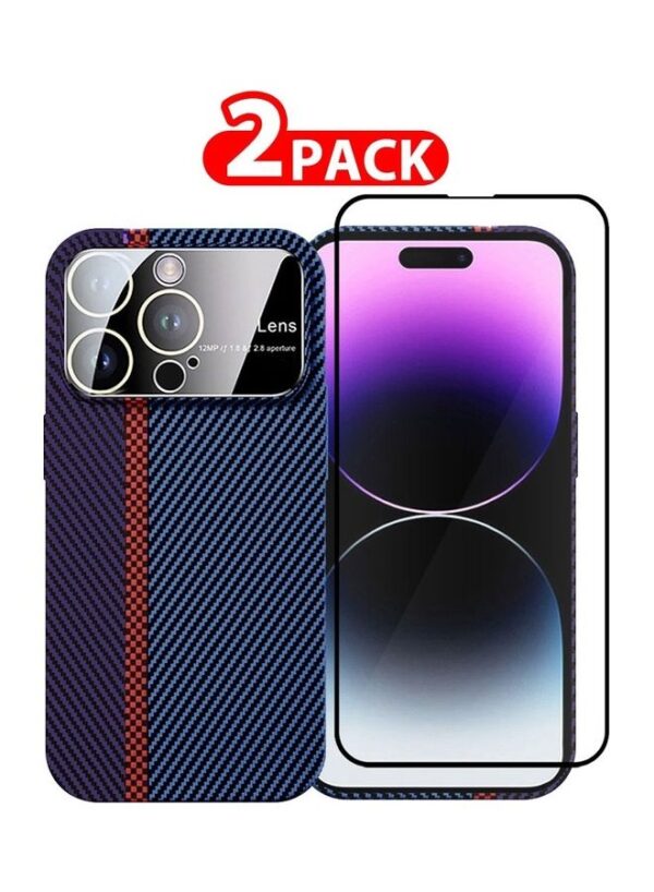 2 Packs Of iPhone 14 Pro Large Window Camera Protection And Screen Protector Unique Design Mixed Amazing Color Aramid Carbon Fiber Phone Case Blue