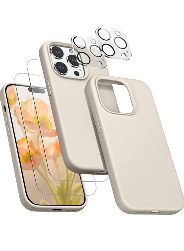 [5 in 1 Compatible with iPhone 14 Pro Max Case, with 2 Pack Screen Protector + 2 Pack Camera Lens Protector, Silicone Shock-Proof Phone Case [Anti-Scratch Microfiber Lining], White Stone